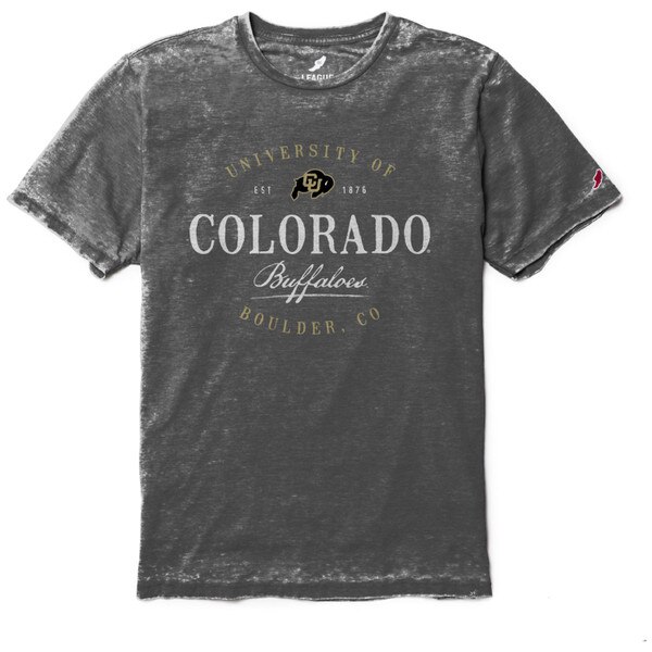 A black heather League burnout crewneck short sleeve t-shirt with “University of Colorado Buffaloes," “Boulder, CO,” “Est. 1876," and C.U buffalo logo.